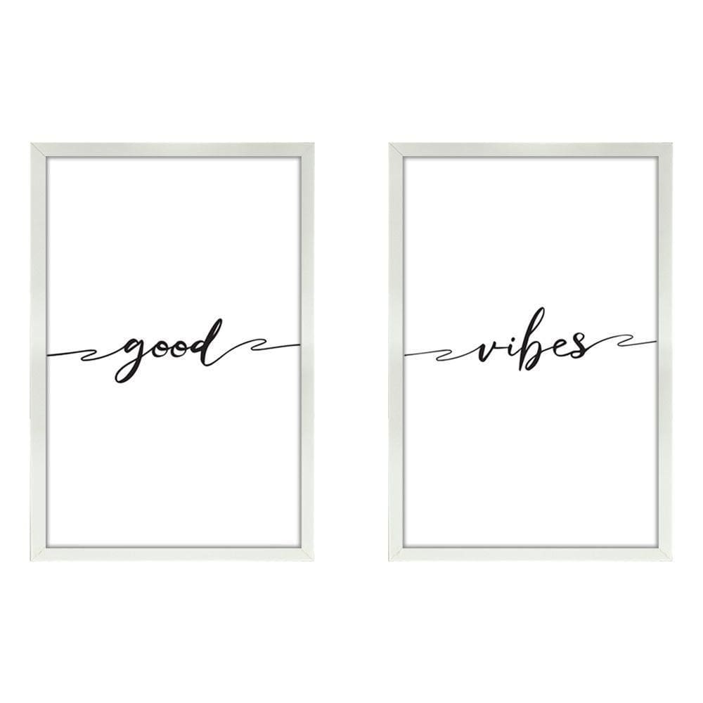 Kit 2 Quadros Decorativos Casal Frases Good Vibes 40X60Cm Titulo Moldura Branca