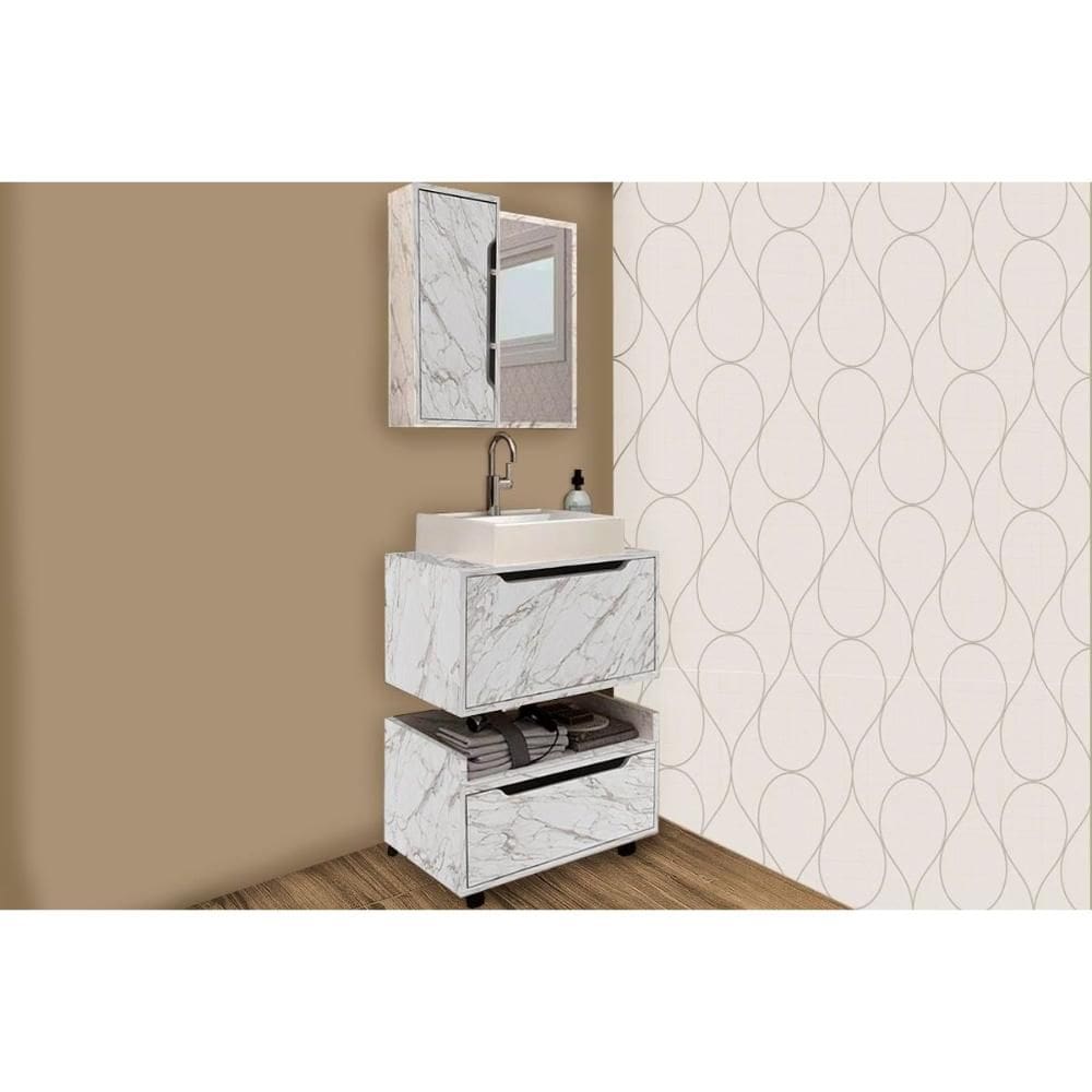 Conjunto de Banheiro Balcão Suspenso BN3646 e Balcão c/ Rodízios BN3647 60cm e Armário c/ Espelho BN3648 60cm Mármore Branco - Tecno Mobili