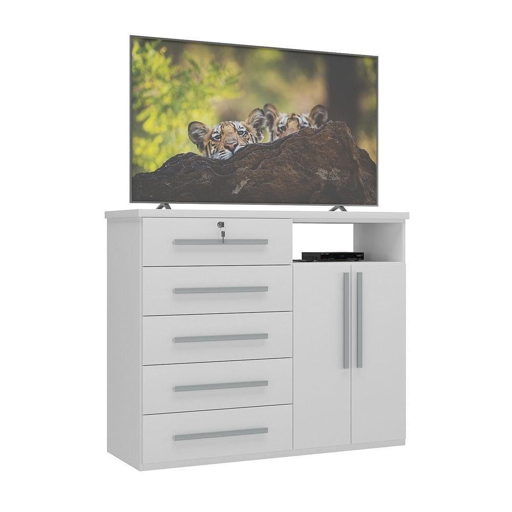 Cômoda Grande 5 Gavetas 2 Portas E Fechadura 1201 Ilan Branca