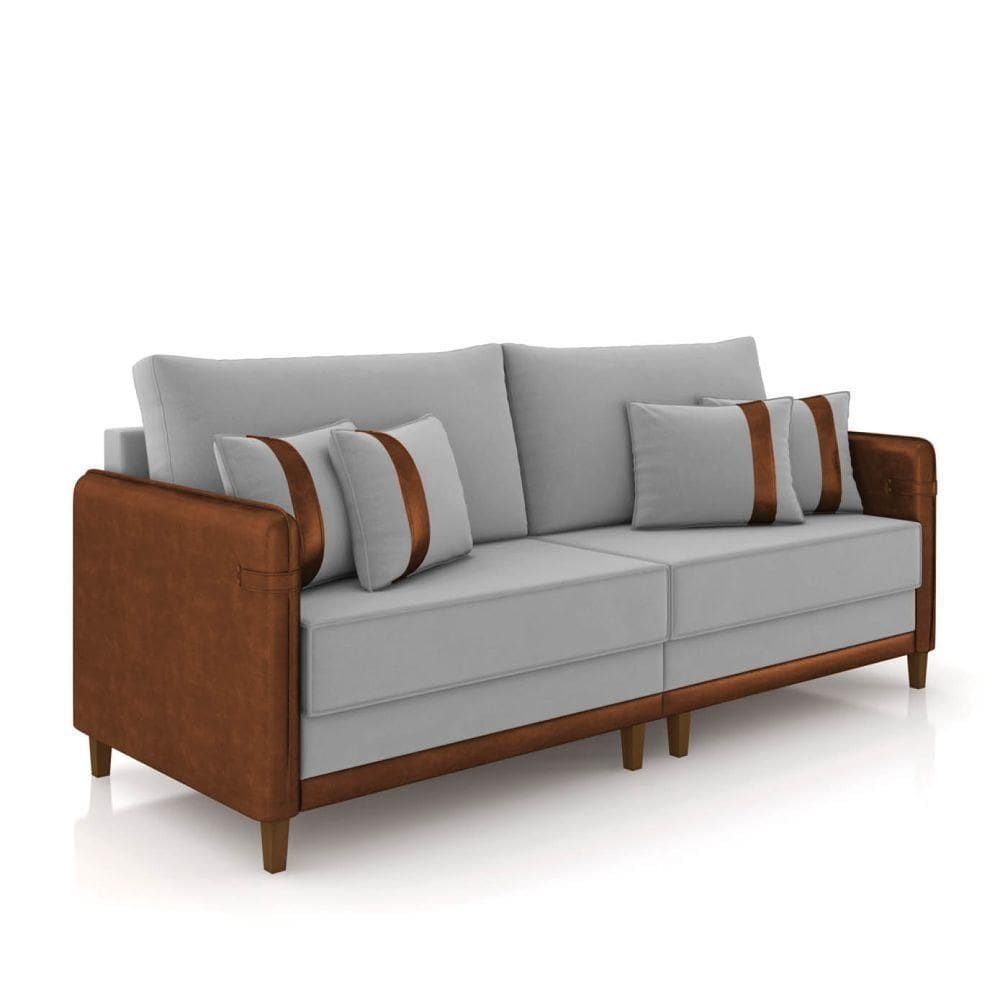 Sofá 3 Lugares Living 212cm Pé Madeira Valença Marrom/veludo Cinza K01 - D\\`rossi