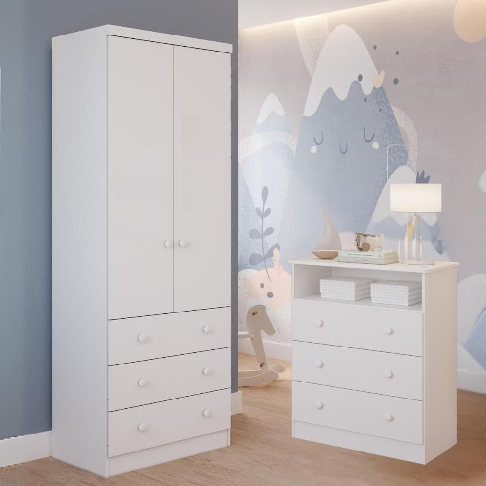 Quarto Infantil Completo Guarda Roupas 2 Portas 3 Gavetas Smim Gaveteiro 3 Gavetas Smim 100% MDF