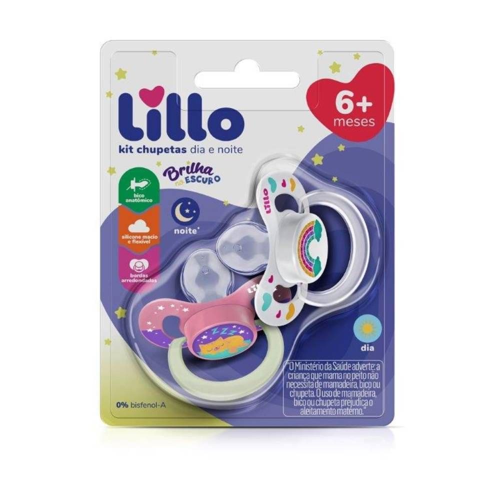 Kit Chupeta Lillo Dia e Noite Tamanho 2 Silicone 6+ Meses Menina 2 Unidades