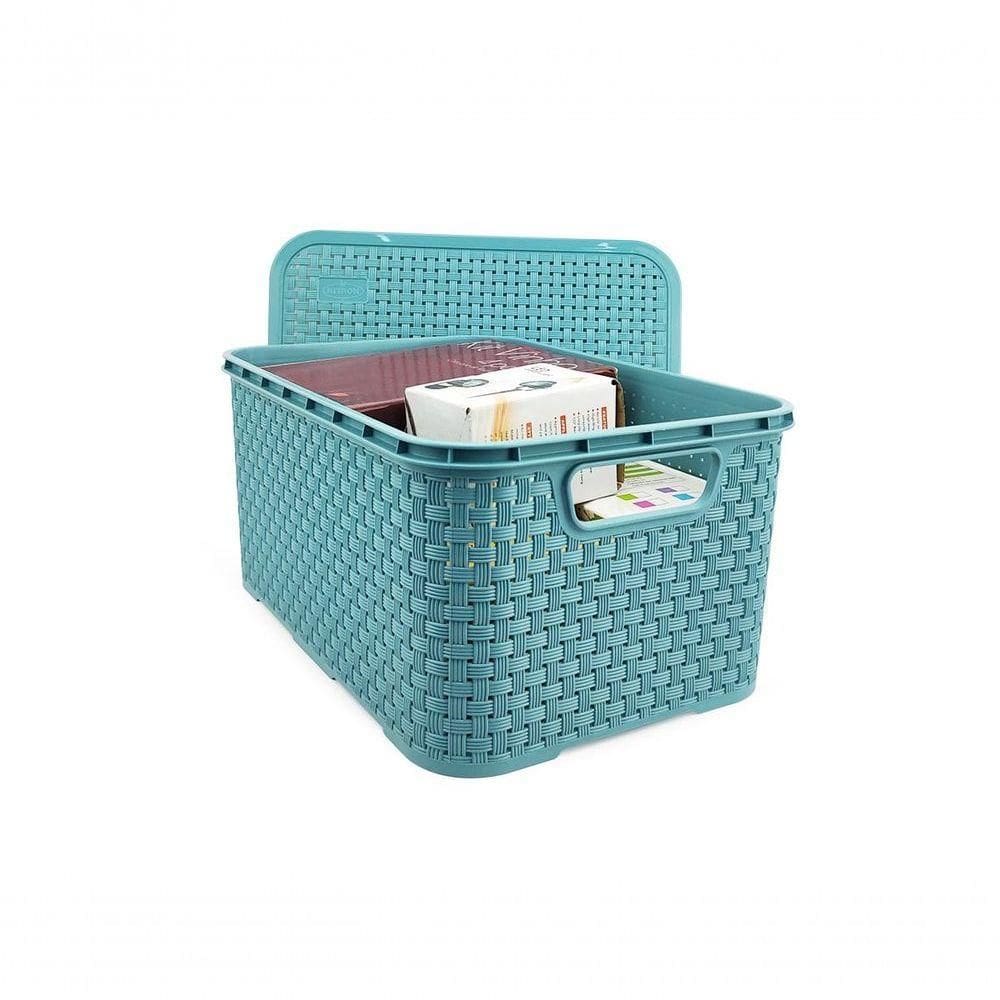 Cesto Caixa Organizadora Rattan De Plástico Resistente Médio Com Tampa Capacidade 8 Litros Cor:verde