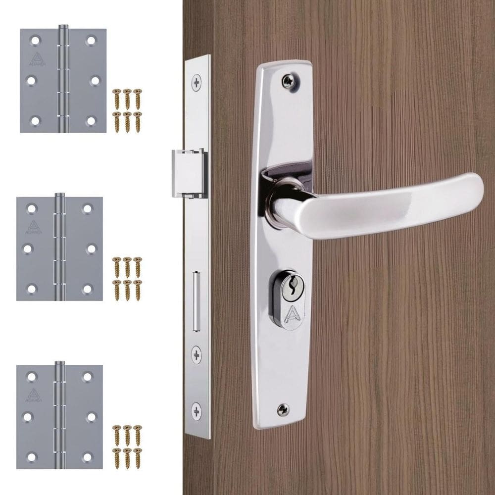 Fechadura Porta Externa Aço Inox Polido Cromado + Dobradiças
