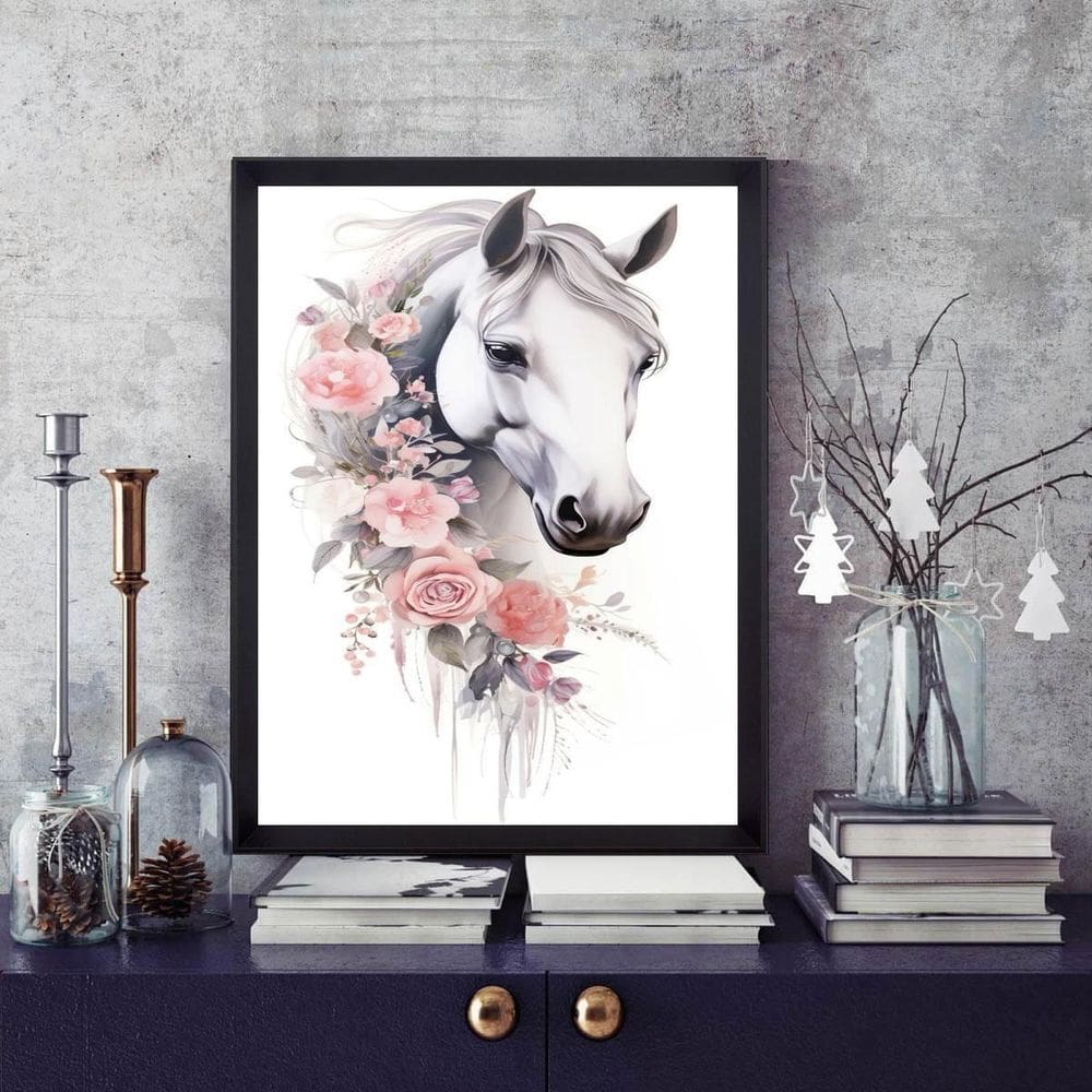 Quadro Cavalo Branco Com Flores 24X18Cm - Com Vidro