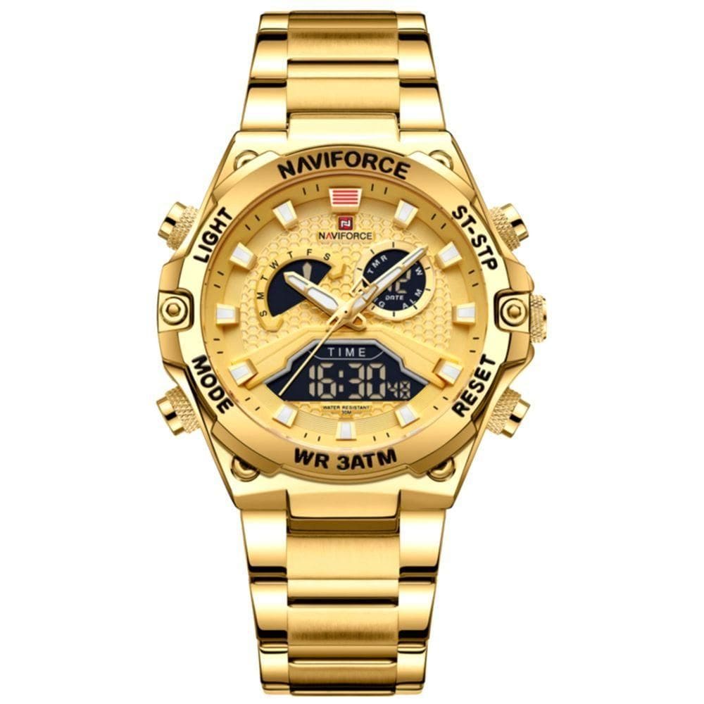 Relógio Esportivo Masculino Em Aço Inoxidável à Prova D`água Com Display Duplo Dourado