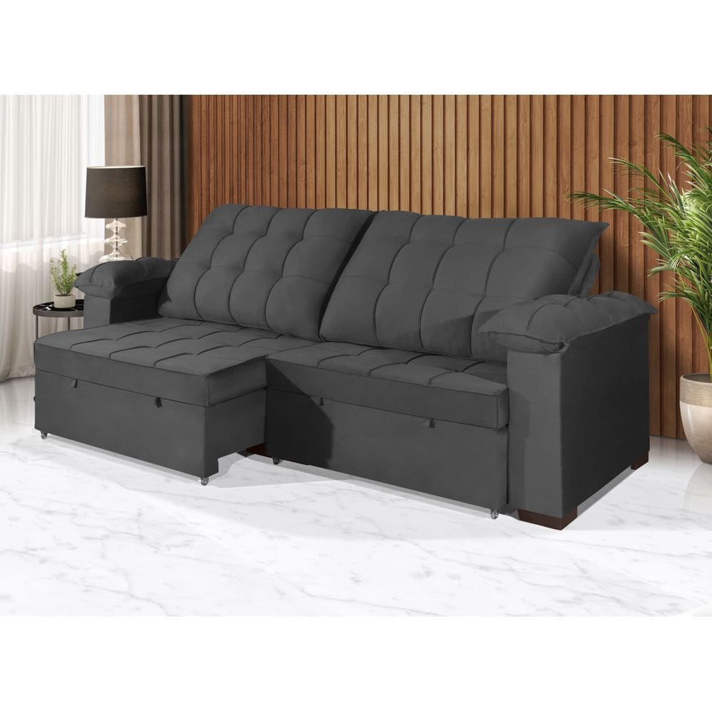 Sofá Retrátil e Reclinável 2,50m Canadá ESTILO ESTOFADOS - Sude Veludo cor "Cinza"