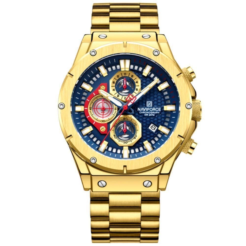 Relógio Masculino Quartzo Pulseira De Aço Inoxidável Casual Esportivo Azul Dourado