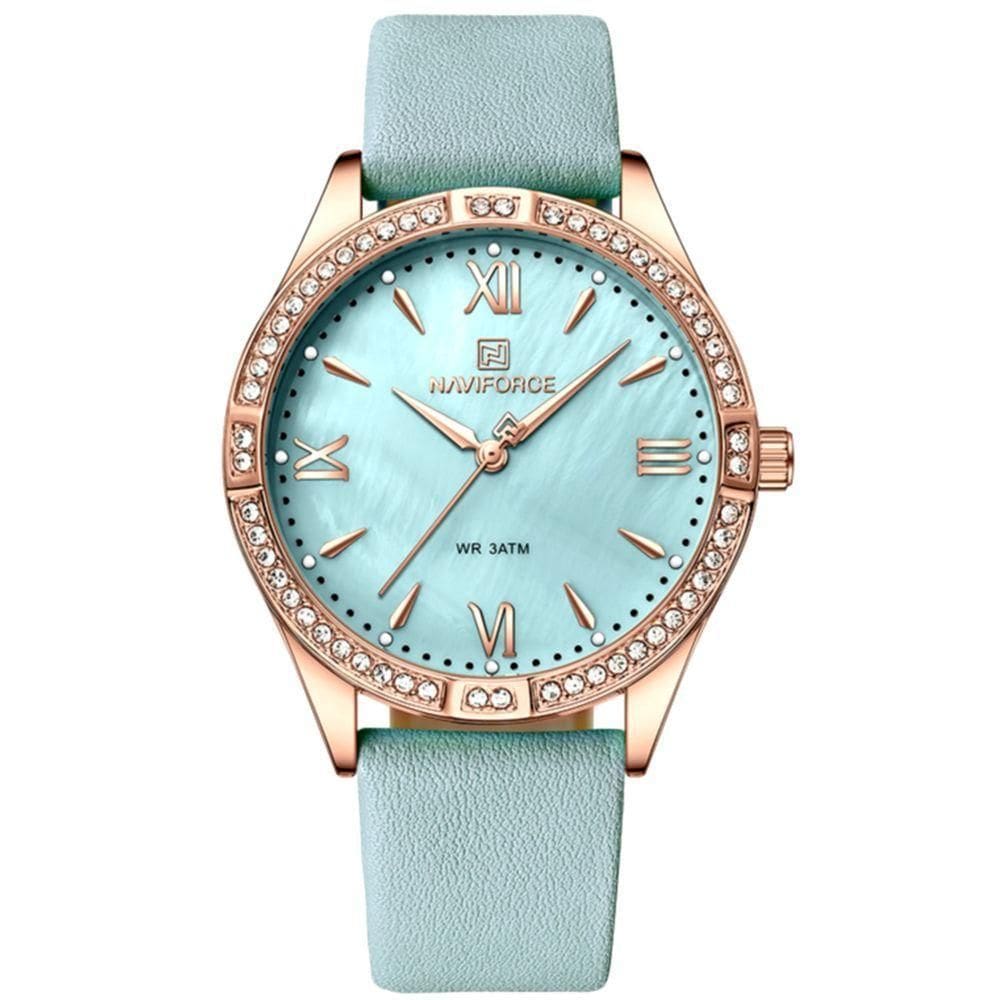 Relógio De Quartzo Feminino Estilo Casual Design Com Strass A Prova D´agua Azul Claro