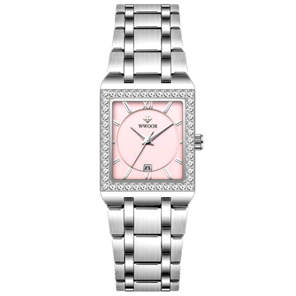 Relógio De Pulso Feminino Casual Com Strass Em Aço Inoxidavel Impermeavel Rosa