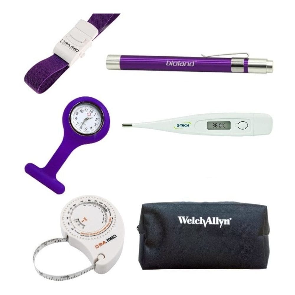 Kit Relogio Lapela, Garrote, Lanterna Bioland, Termometro Axilar Digital Trena E Estojo - 6 Peças