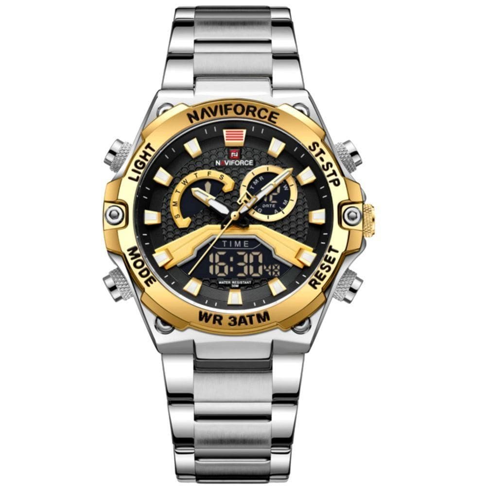 Relógio Esportivo Masculino Em Aço Inoxidável à Prova D`água Com Display Duplo Dourado Prata