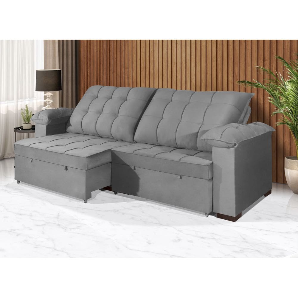 Sofá Retrátil e Reclinável 2,50m Canadá ESTILO ESTOFADOS - Sude Veludo cor "Prata"