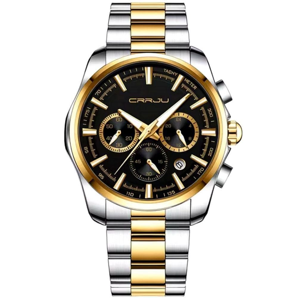 Relógio Masculino De Pulso Quartzo Multifunção Esportivo Em Aço Inoxidável Impermeavel Preto Dourado