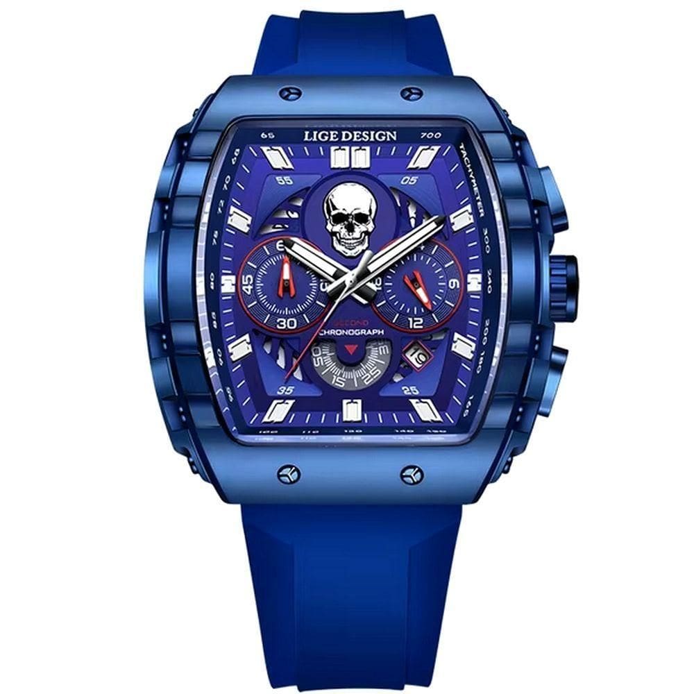 Relógio De Quartzo Impermeável Masculino Caveira Esportivo Casual Tonneau Azul