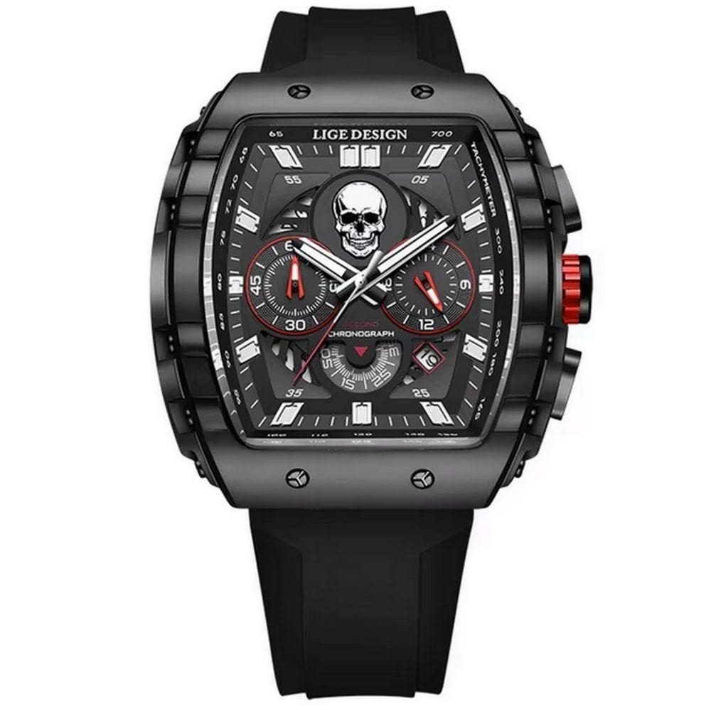 Relógio De Quartzo Impermeável Masculino Caveira Esportivo Casual Tonneau Preto