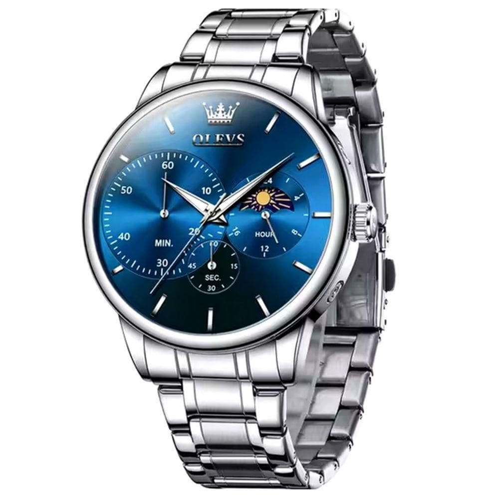 Relógio Masculino De Aço Inoxidável Com Cronógrafo De Quartzo Impermeavel Azul