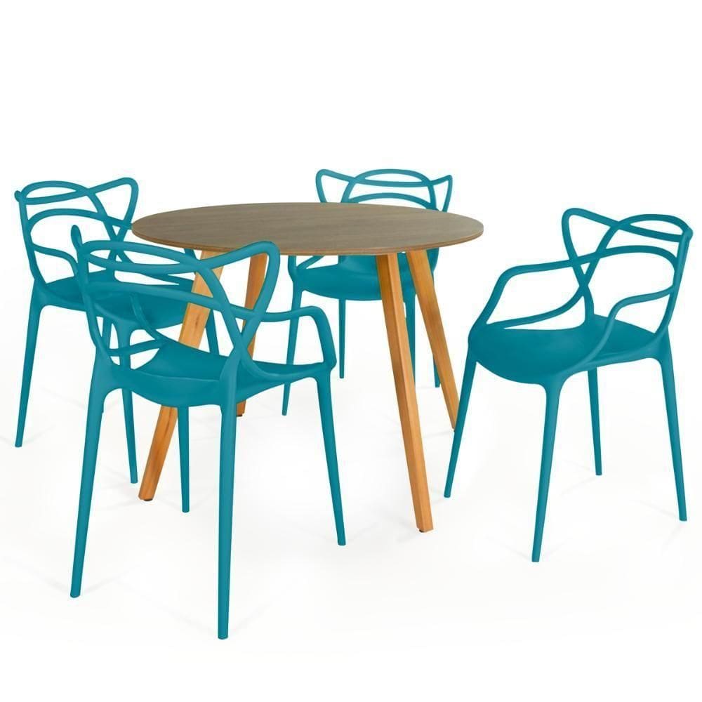 Conjunto Mesa De Jantar Redonda Laura 120cm Natural Com 4 Cadeiras Allegra - Turquesa