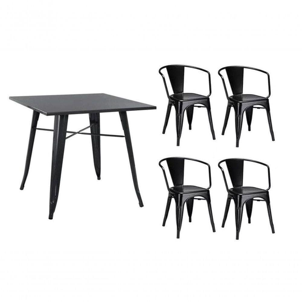 Conjunto Mesa Tolix 80 Cm + 4 Cadeiras Tolix Com Braço - Preto