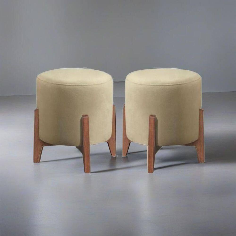Kit 2 Puff Decorativo Redondo Luxo Roma Corino Bege