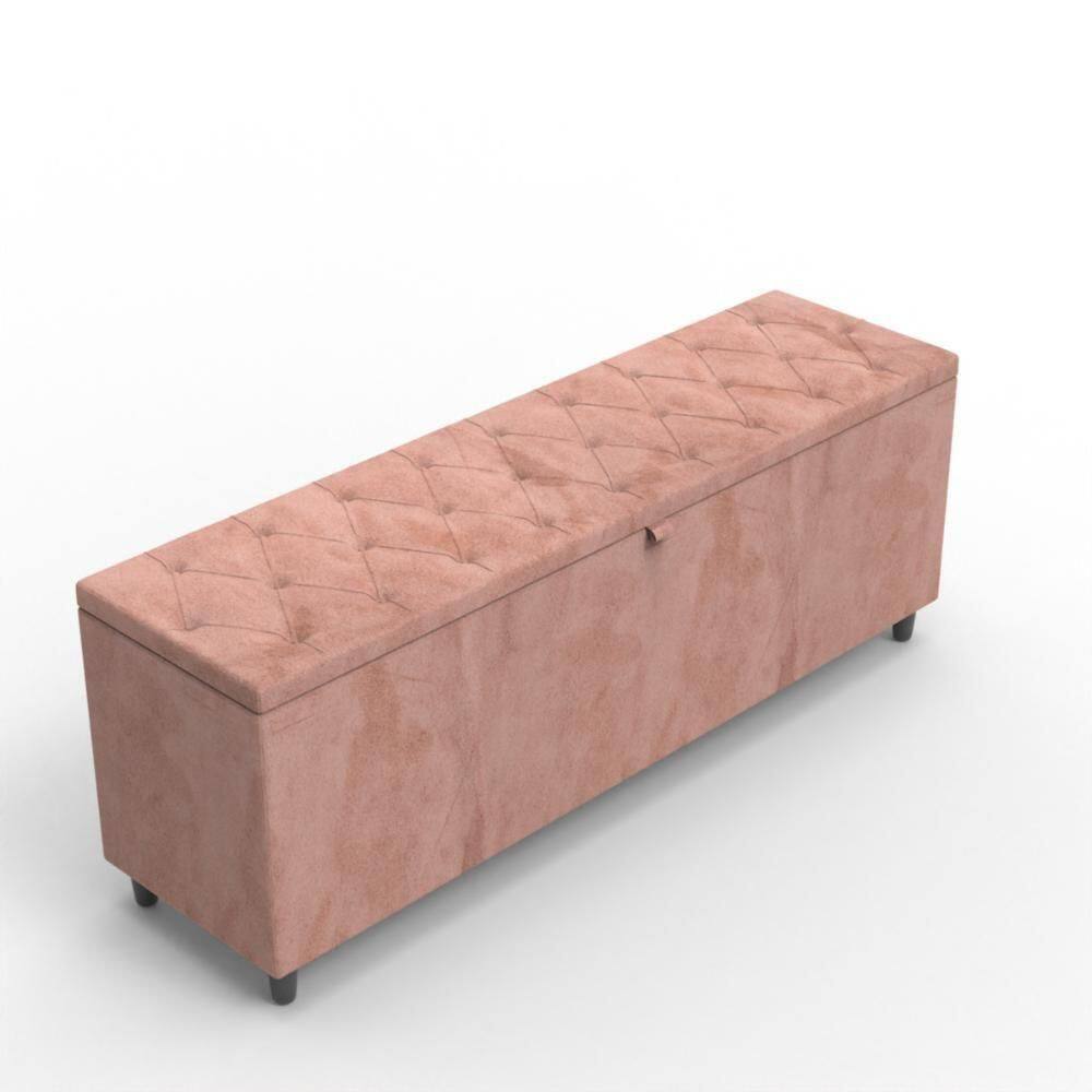 Recamier Baú Roma Casal Capitonê Veludo Decorativo Rosa