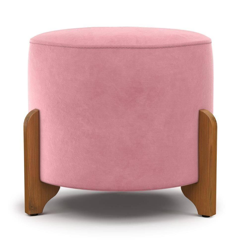 Puff Banqueta Cancún Pés De Madeira Decorativo Veludo Império Rosa