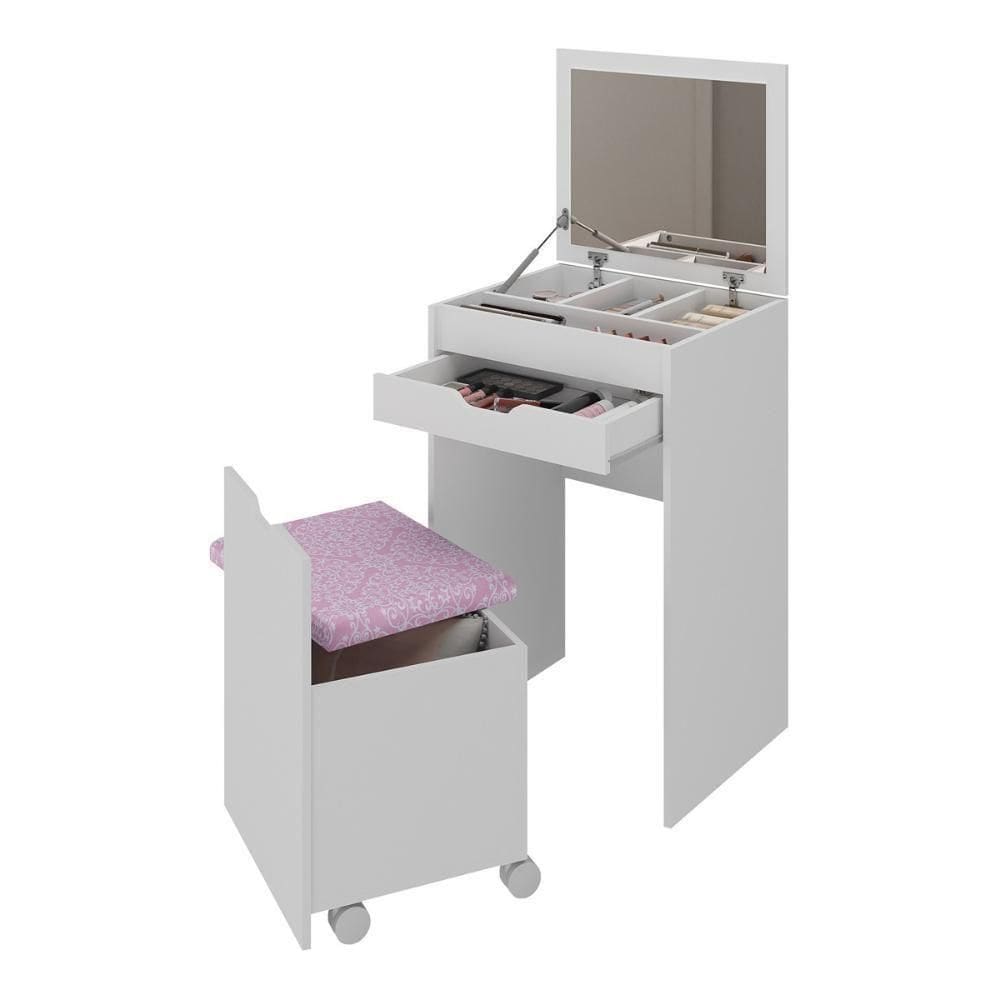 Penteadeira 54cm Com Espelho 1 Gaveta 1 Porta Basculante E Puff Multimóveis CR35251 Branco/rosa