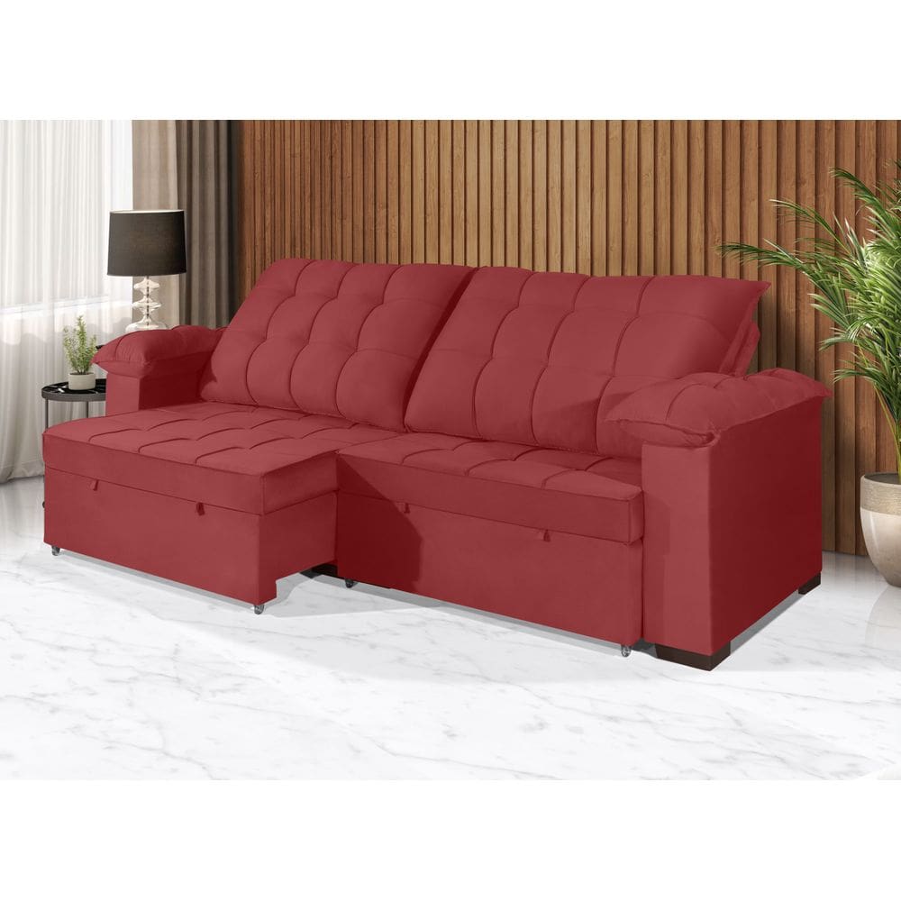 Sofá Retrátil e Reclinável 2,70m Canadá ESTILO ESTOFADOS - Sude Veludo cor "Vermelho"