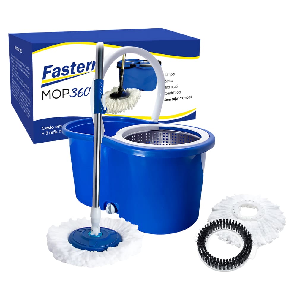 Balde Mop 360º Com Esfregão Giratório Inox + 3 Refis FASTERR - FST013