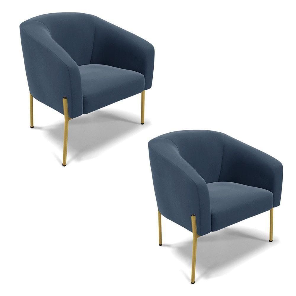 Cadeira Sala De Jantar Pé De Ferro Dourado Kit 2 Stella Suede D03 - D`rossi Cor Azul Marinho