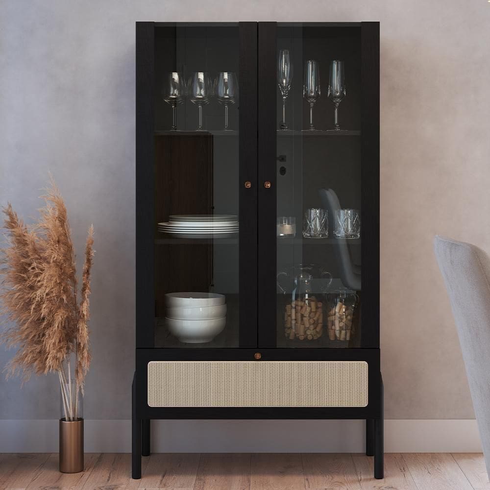 Cristaleira Para Sala De Jantar 2 Portas Pés Madeira Moss A03 Nero Preto