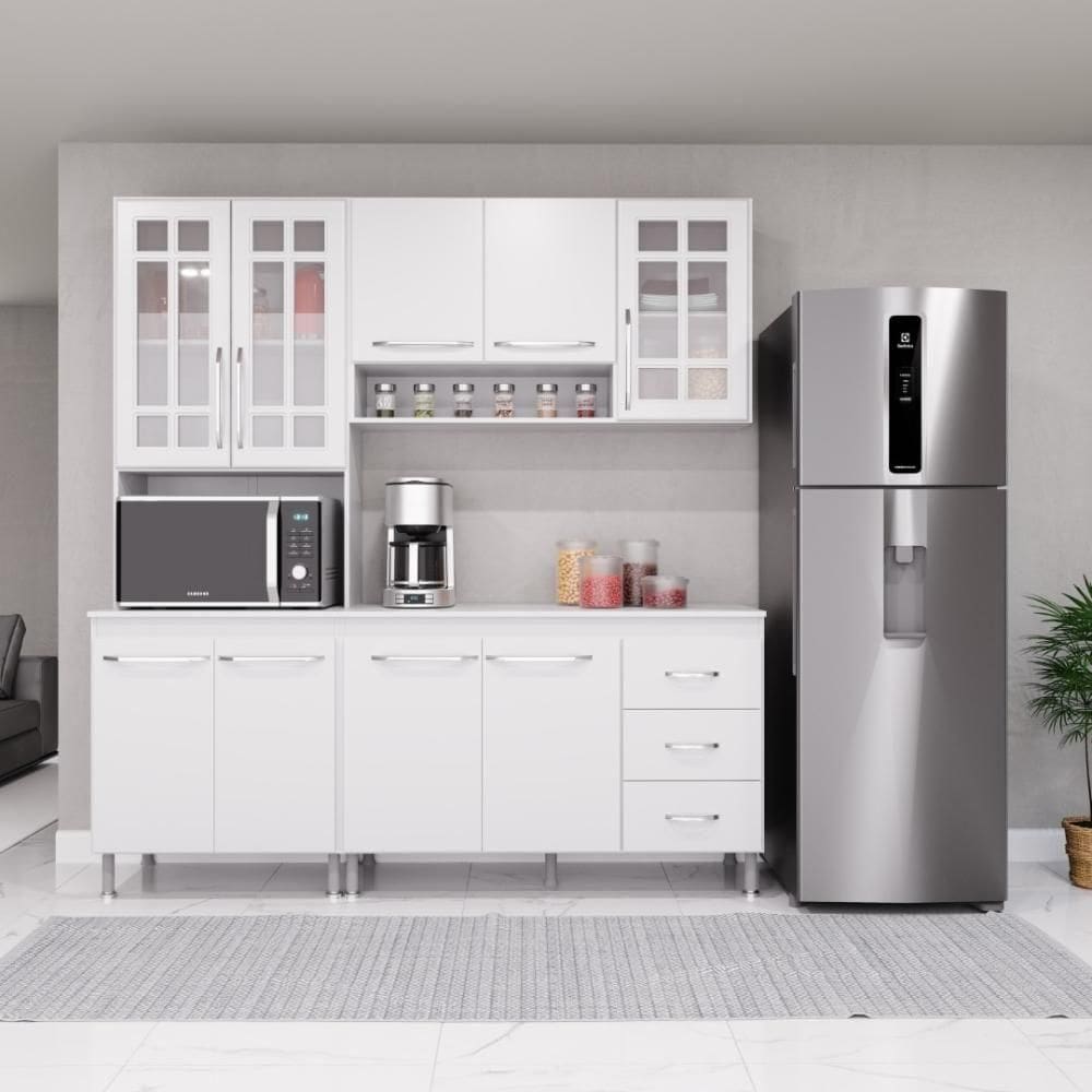 Cozinha Modulada Compacta Fidelitá Viena 3 Peças 190cm 9 Portas 3 Gavetas Com Tampo Branco