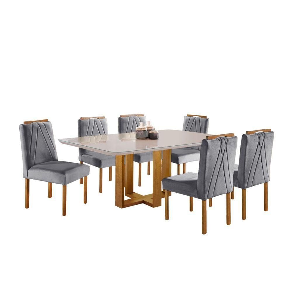Conjunto Sala De Jantar Mesa Lisy Com 6 Cadeira Safira Mel Off White Cinza Profundo