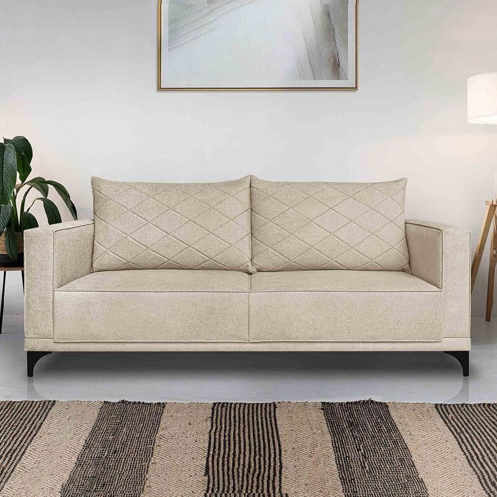 Sofá Living 2 Lugares Com Pés De Ferro Almofadas Soltas 160cm Neso Bouclê Bege