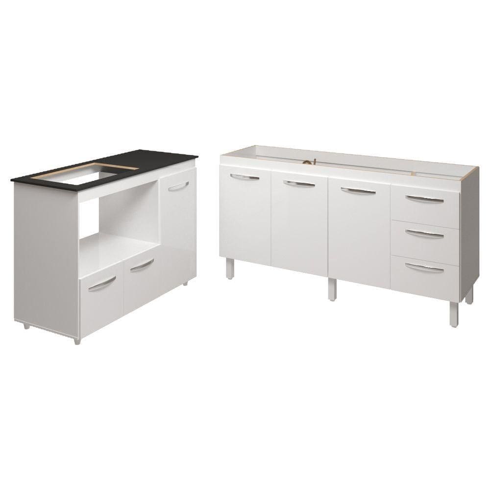 Balcão Armário Gabinete De Pia 150 Cm Deise E Balcão Alana Para Fogão Cooktop 4 Bocas E Forno Elétrico Branco
