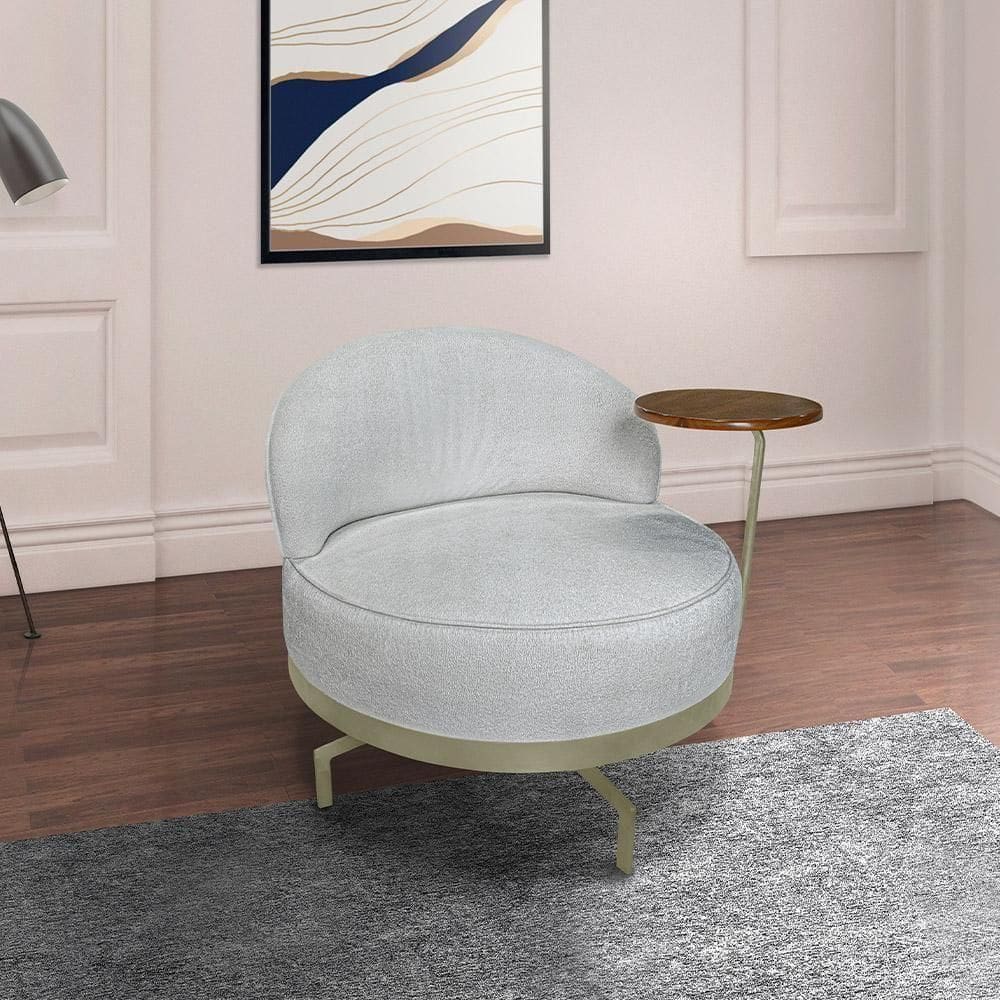 Poltrona Sala De Estar Pés Em Ferro Champagne Giratória Braço Madeira Maciça 86cm Banff Bouclê Cinza