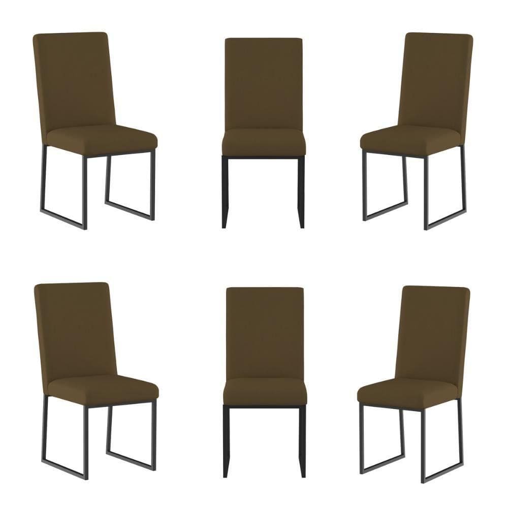 Kit 6 Cadeiras Estofadas Base De Ferro Preta Para Mesa Jantar Marrom