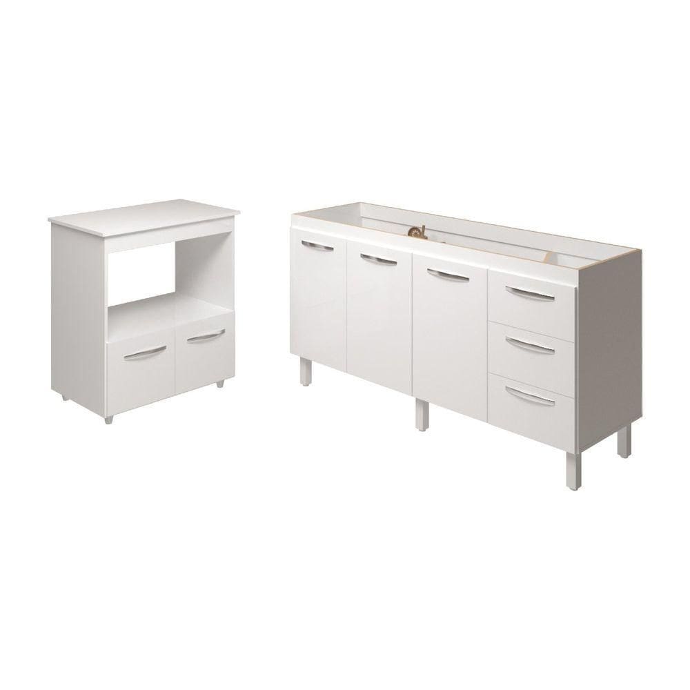 Balcão Cozinha Armário Gabinete De Pia 160 Cm Estela E Balcão Para Forno Elétrico E Microondas Amanda Branco