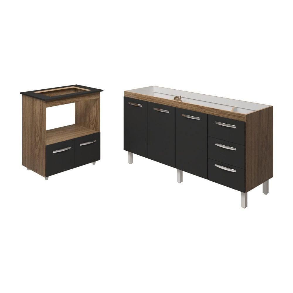 Cozinha Balcão Armário Gabinete De Pia 150 Cm Deise E Balcão Evelyn Para Fogão Cooktop 4 Bocas Savana Preto