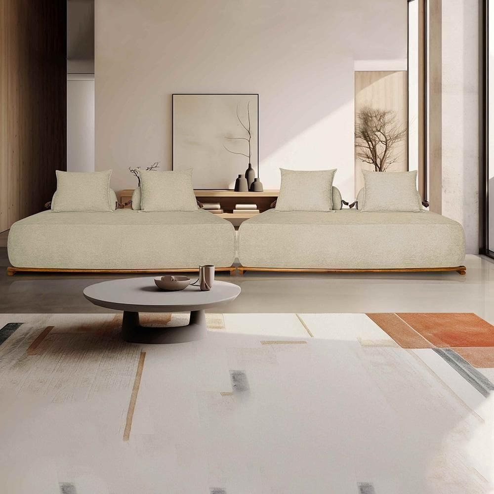 Sofá Modulado 6 Lugares Com Almofadas Soltas Pés Madeira Maciça 440cm Homer Bouclê Bege