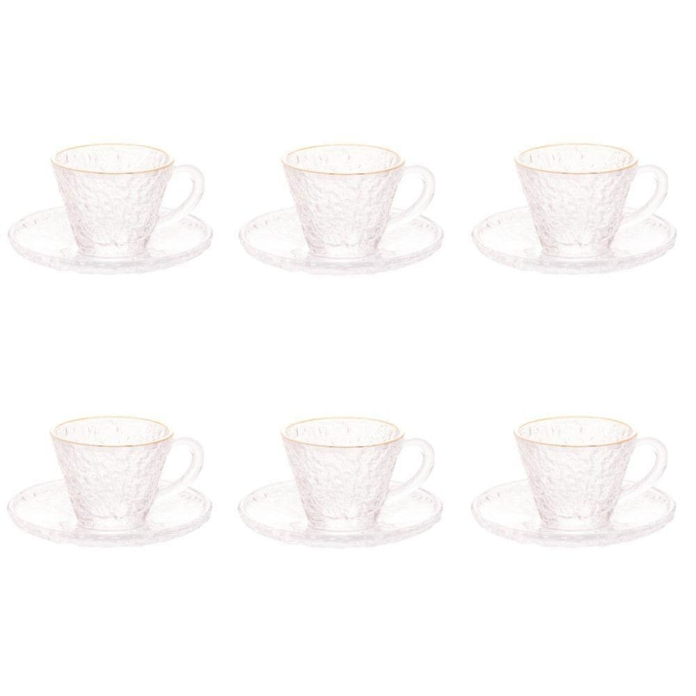 Conjunto De Xícara De Cafezinho Com Pires 06 Peças De Cristal Martelado Com Fio De Ouro Petra Lyor