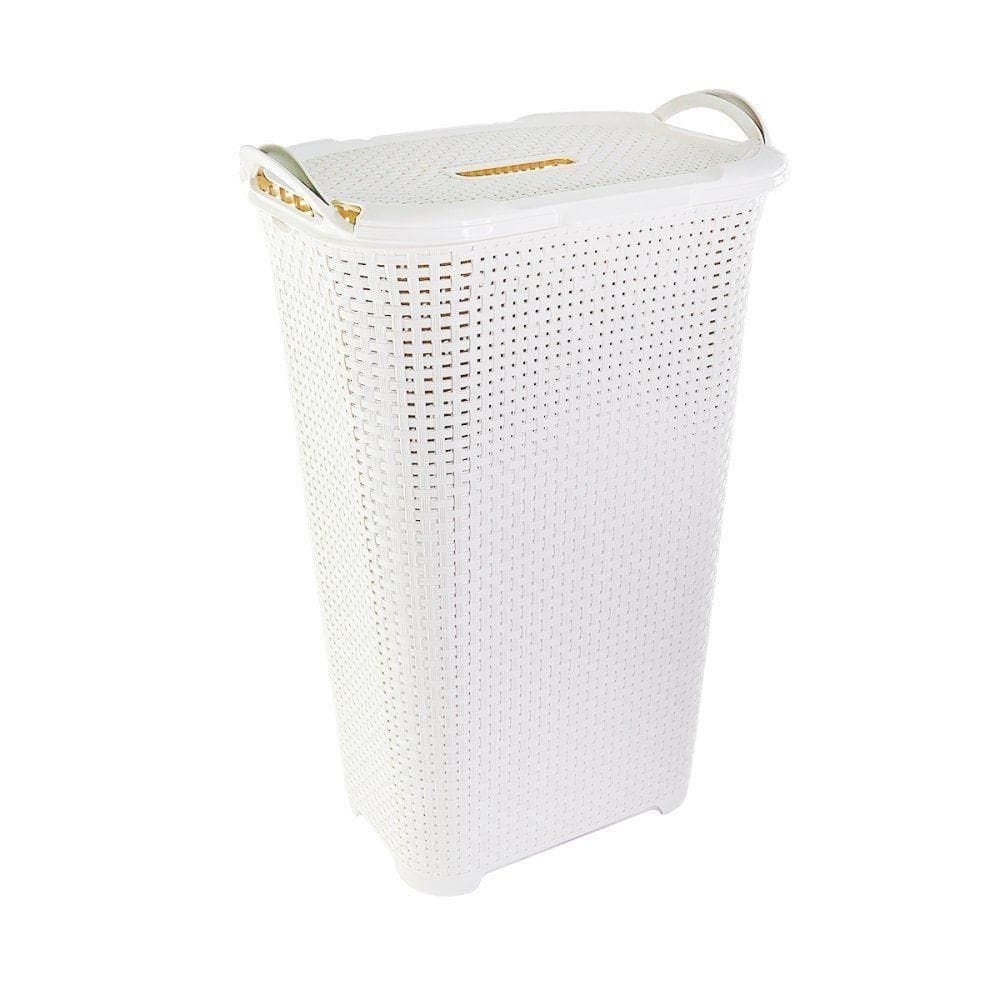 Cesto Roupa Suja Rattan Com Tampa Basculada E Alças Laterais Cor Branco