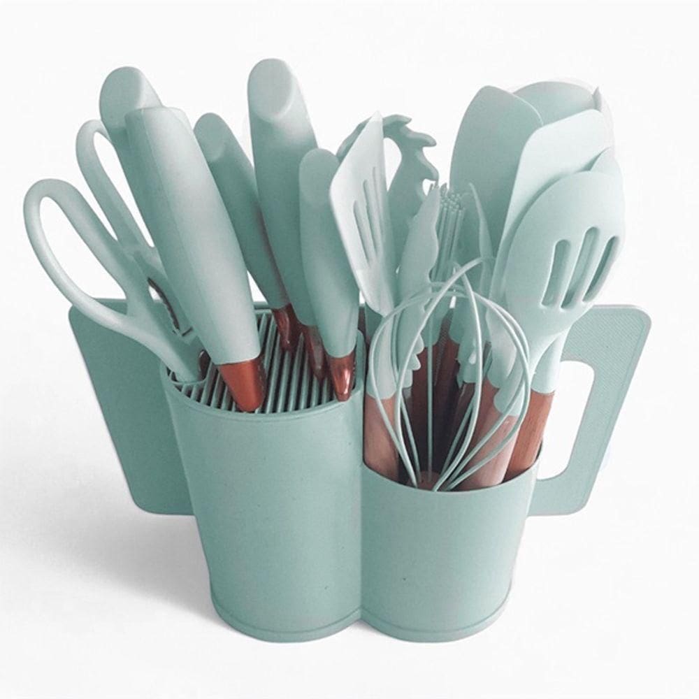 Jogo De Cozinha 19 Utensílios De Silicone E Madeira Com Tábua De Corte Porta Talher Oval Verde