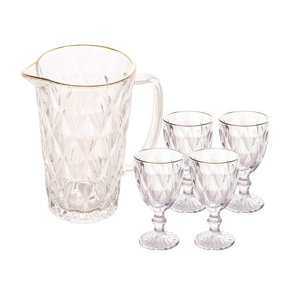 Jogo Jarra 1l Diamond Com 4 Taças De Vidro 325ml Fio De Ouro Borda Dourada água Suco Lyor