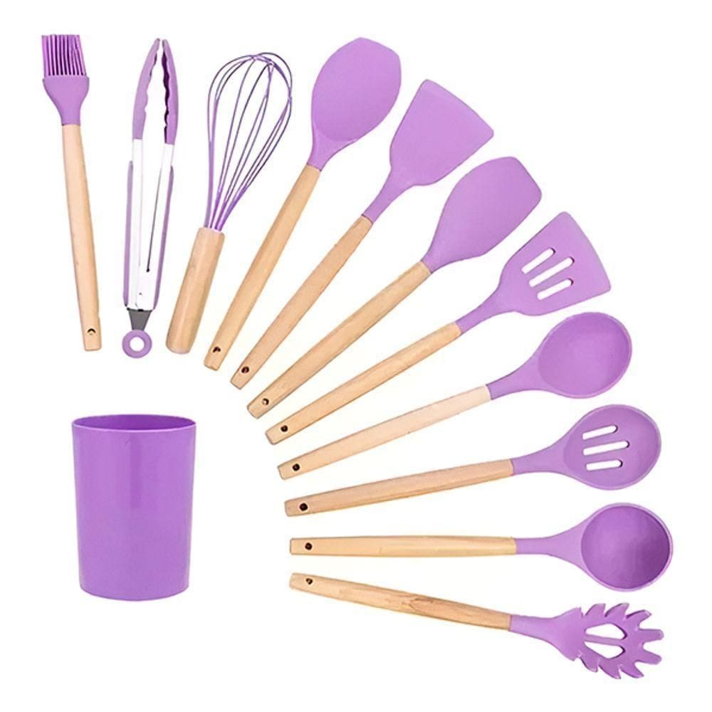 Kit 12 Peças Jogo De Cozinha De Silicone Resistente A Altas Temperaturas Utensílios Roxo