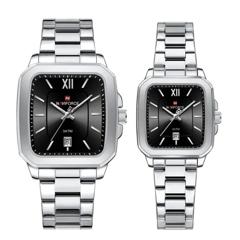 Conjunto De Relógio Casual Simples Quartzo Design Tonneau Impermeavel Casal Preto