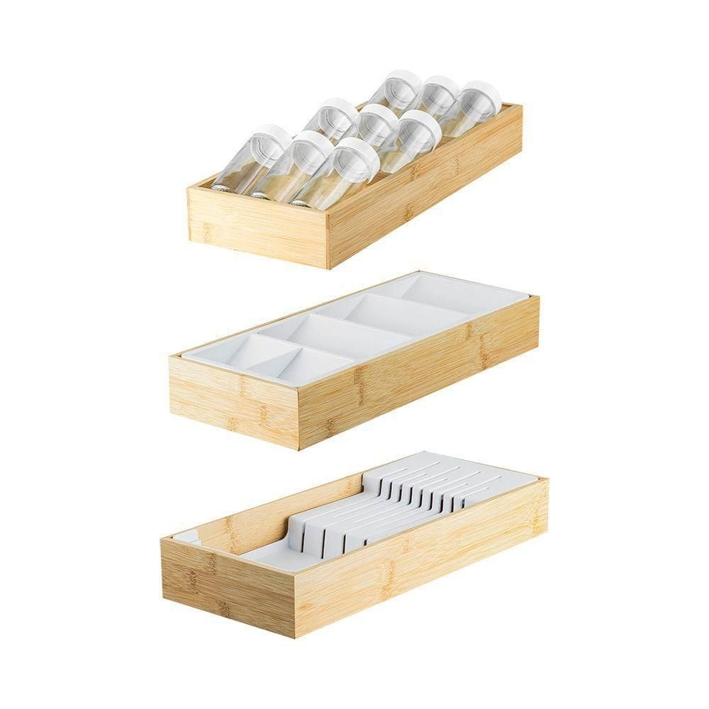 Kit Organizador De Gaveta Com 01 Porta Temperos + 01 Organizador Talheres + 01 Organizador De Facas Em Bambu Ou