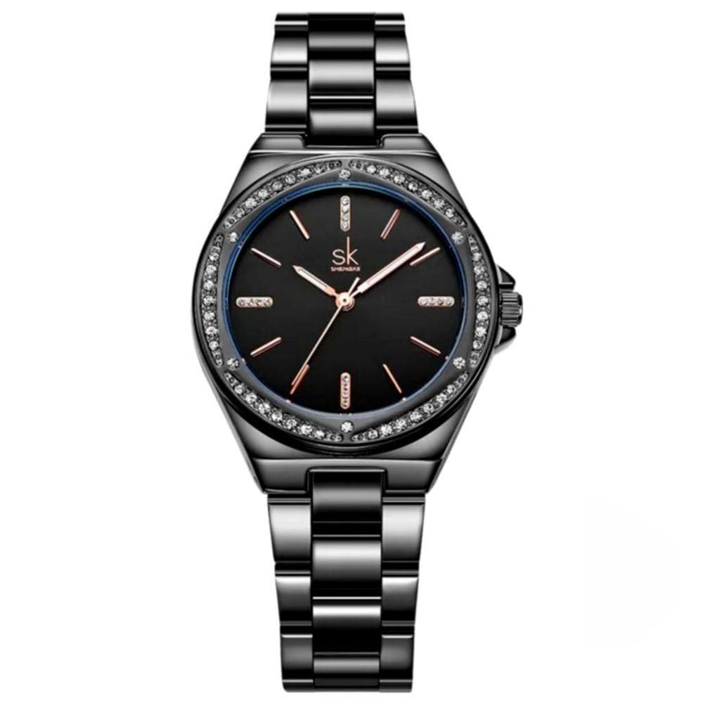 Relógio De Quartzo Feminino Minimalista Com Strass Movimento De Quartzo Preto