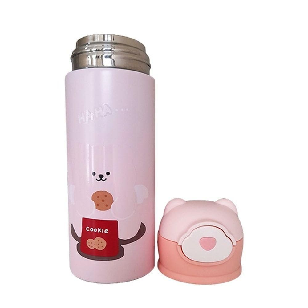 Garrafa Térmica De Ursinho Rosa Infantil Com Canudo De Silicone E Trava 420ml Em Aço Inoxidável