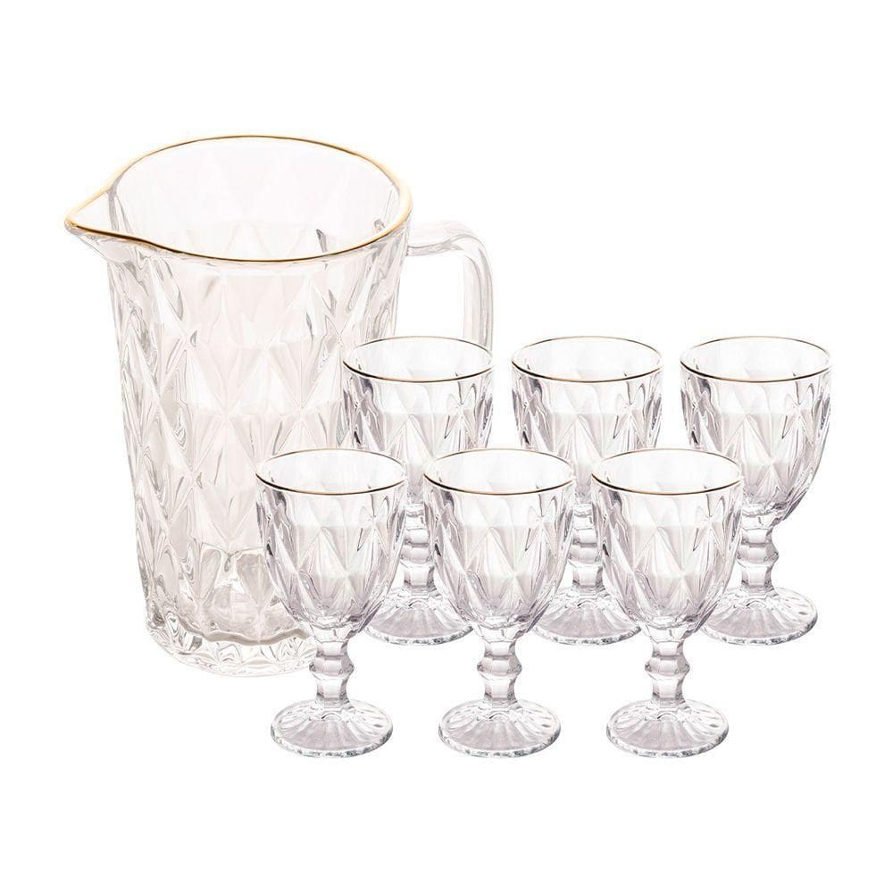 Jogo Jarra 1l Diamond Com 6 Taças De Vidro 325ml Fio De Ouro Borda Dourada água Suco Lyor